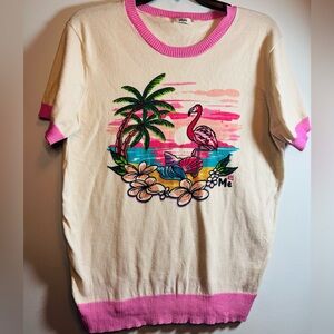 Me369 SZ Large Cream and Pink Flamingo Graphic Sweater Short Sleeve Preppy